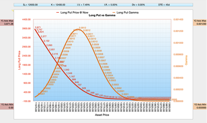 Black-Scholes-Merton BSM Long Put vs Gamma Chart
