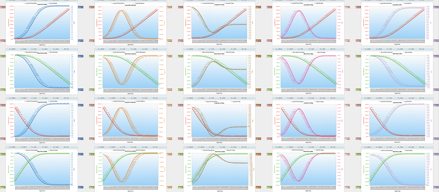 Black-Scholes-Merton BSM x4 Option Calculator Blue Greeks Charts 1