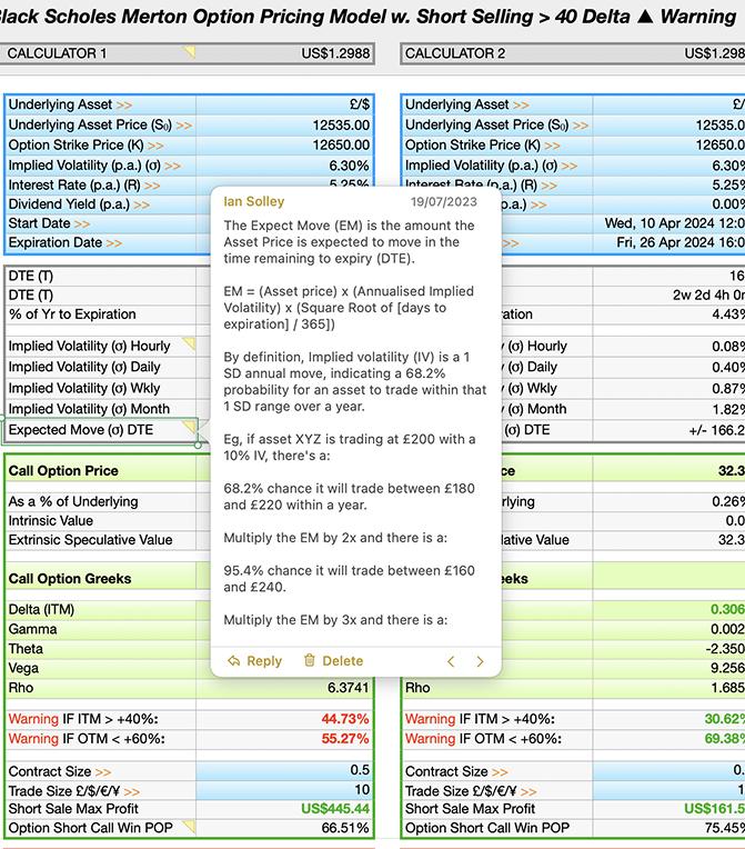 Black Scholes Merton BSM Calculator Bank with Comments